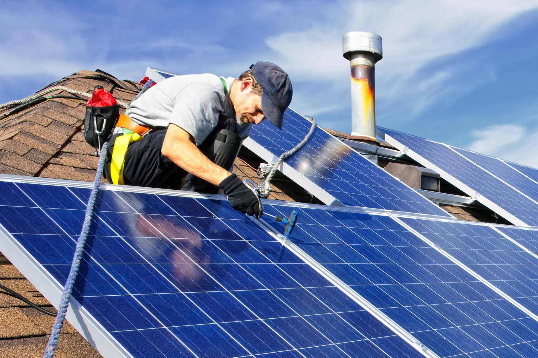 Solar panel installation on residential roof